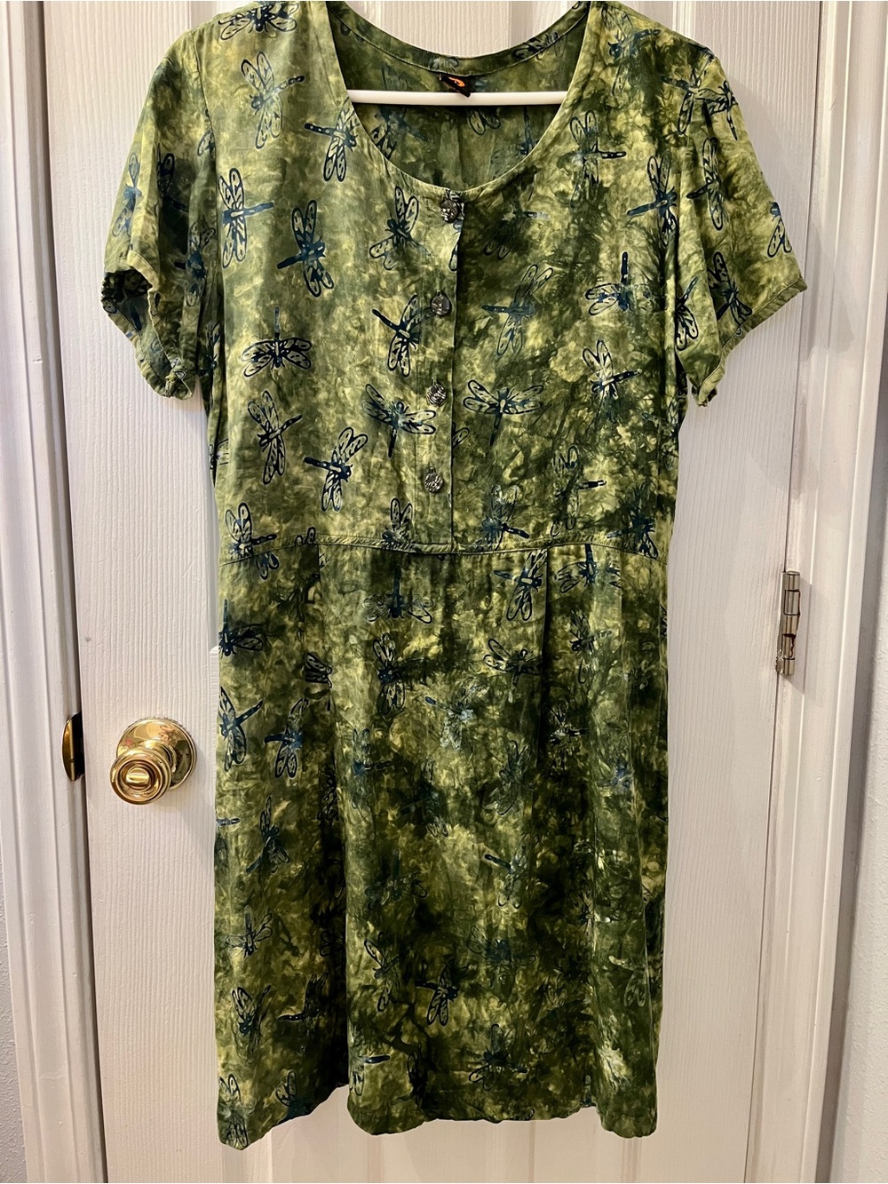 90s Green Dragonfly Batik Tie-Dye Short Sleeve Dress